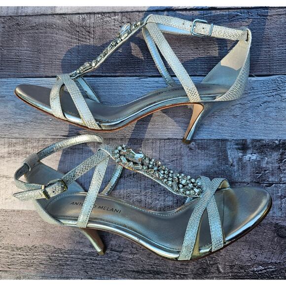 ANTONIO MELANI Silver Crystal Rhinestone T-Strap Heels Sandals Shoes Women's 8M - Picture 4 of 9
